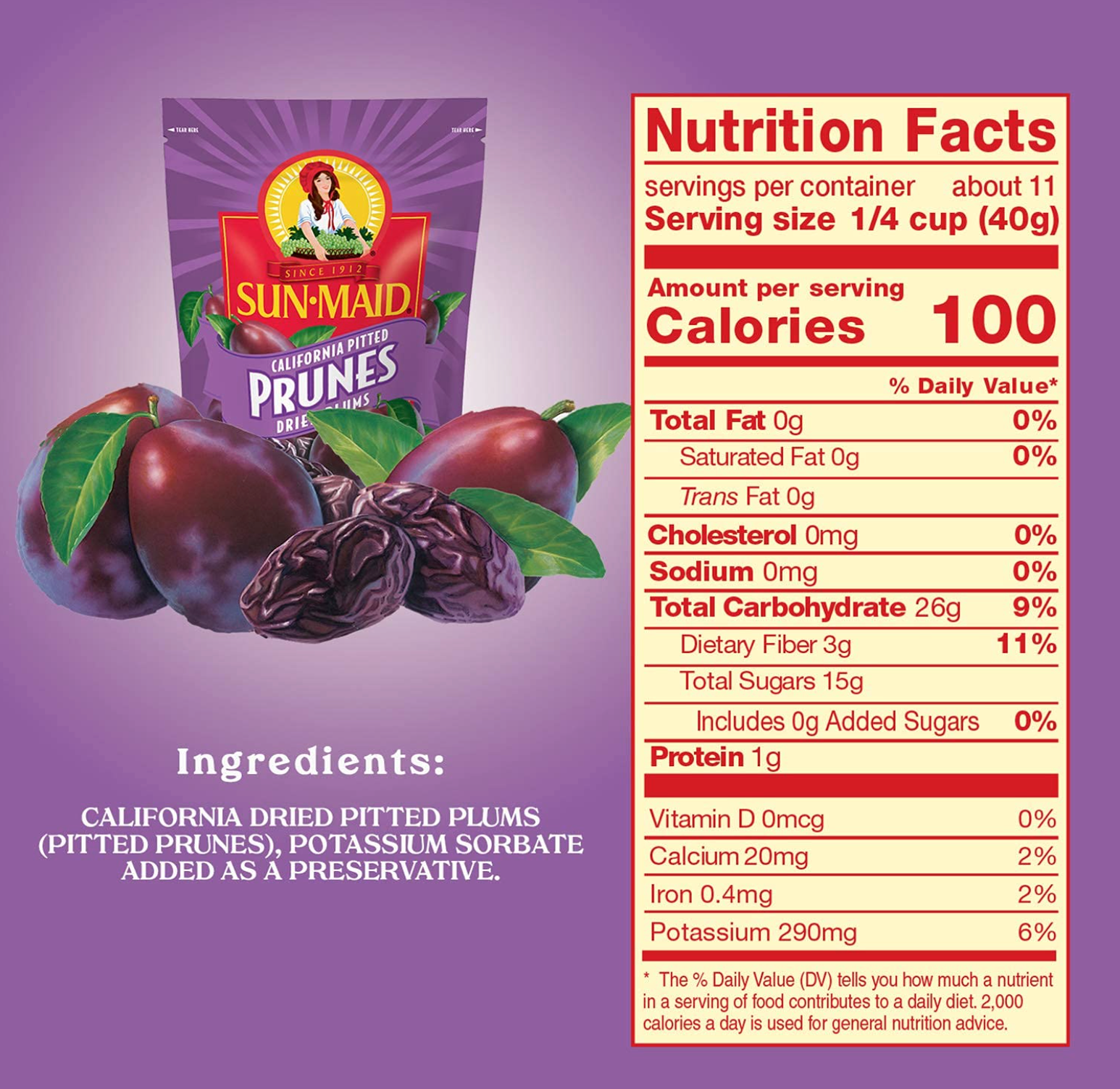 Sun-Maid Pitted Prunes, Non-GMO, 100% Fruit, No Sugar added, 7 oz (Pack of 1)