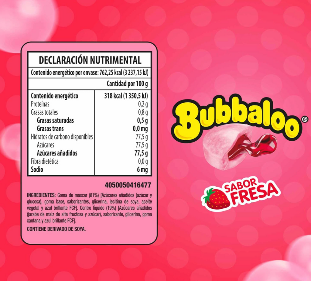 Bubbaloo Adams- goma de mascar 47 pz- sabores varios (Fresa, 47pz)