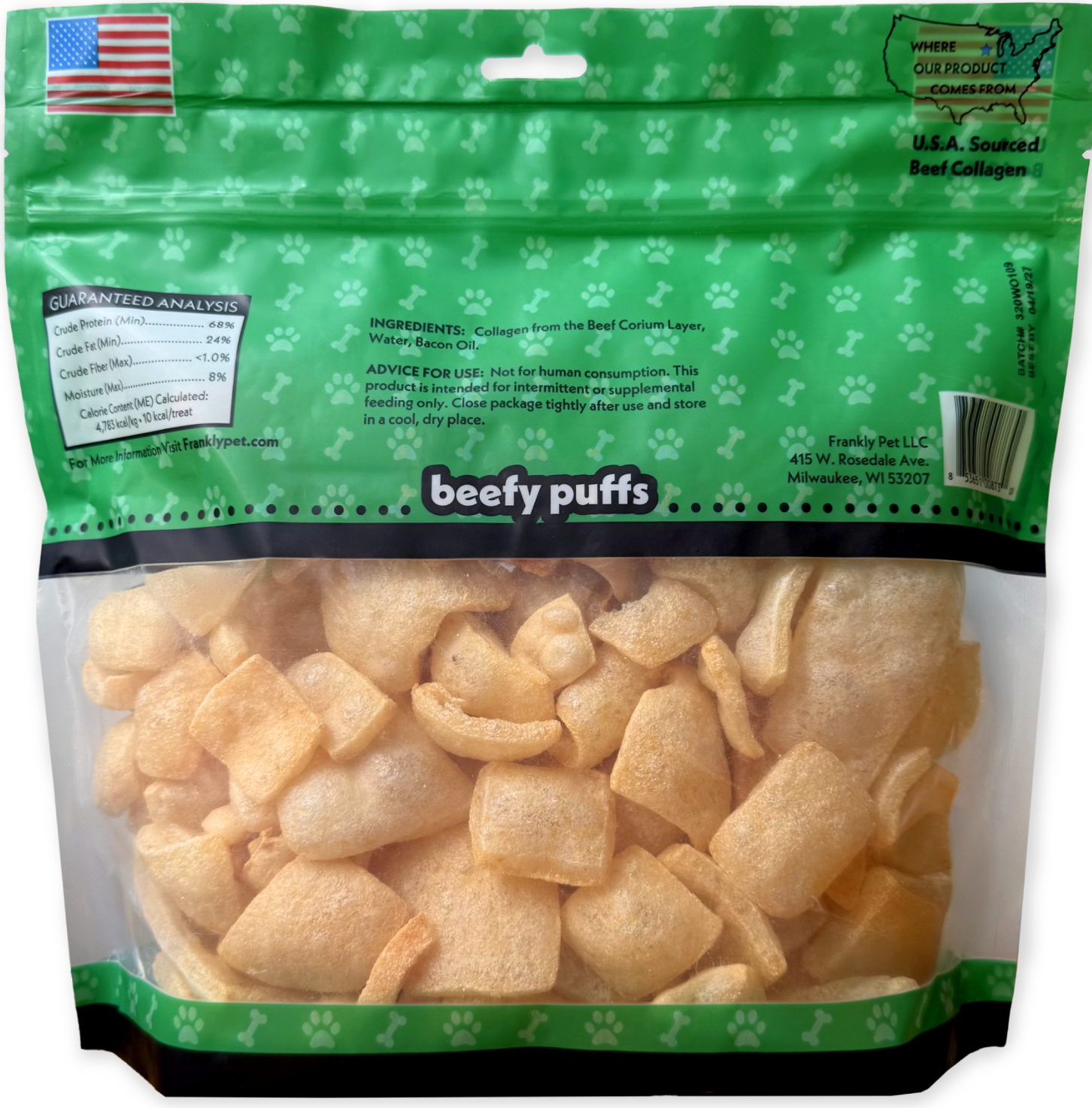 Frankly Collagen Beefy Puffs | Small Dog Treats | Crunchy Protein Bites | Rawhide Free, Grain Free, Low Fat Dog Training Rewards Snacks | No Additives Air-Dried Beef Puffs