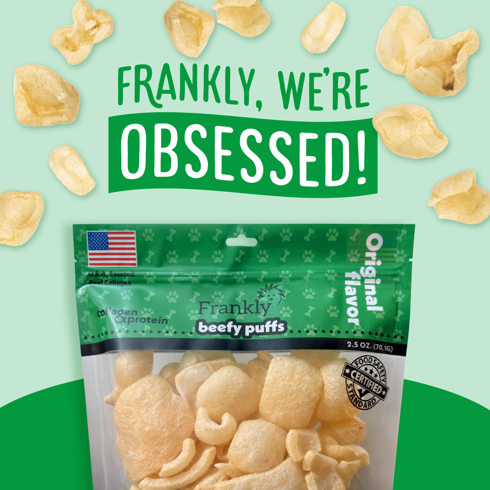 Frankly Collagen Beefy Puffs | Small Dog Treats | Crunchy Protein Bites | Rawhide Free, Grain Free, Low Fat Dog Training Rewards Snacks | No Additives Air-Dried Beef Puffs