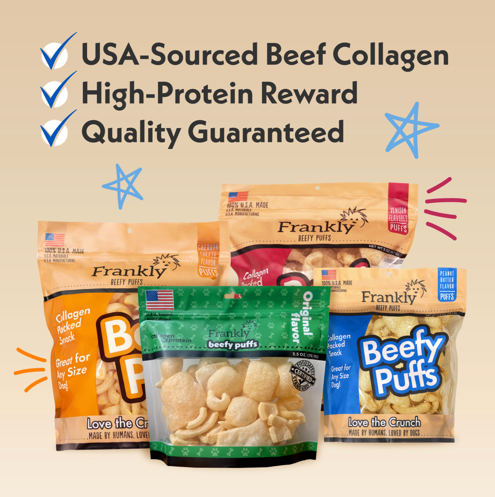 Frankly Collagen Beefy Puffs | Small Dog Treats | Crunchy Protein Bites | Rawhide Free, Grain Free, Low Fat Dog Training Rewards Snacks | No Additives Air-Dried Beef Puffs